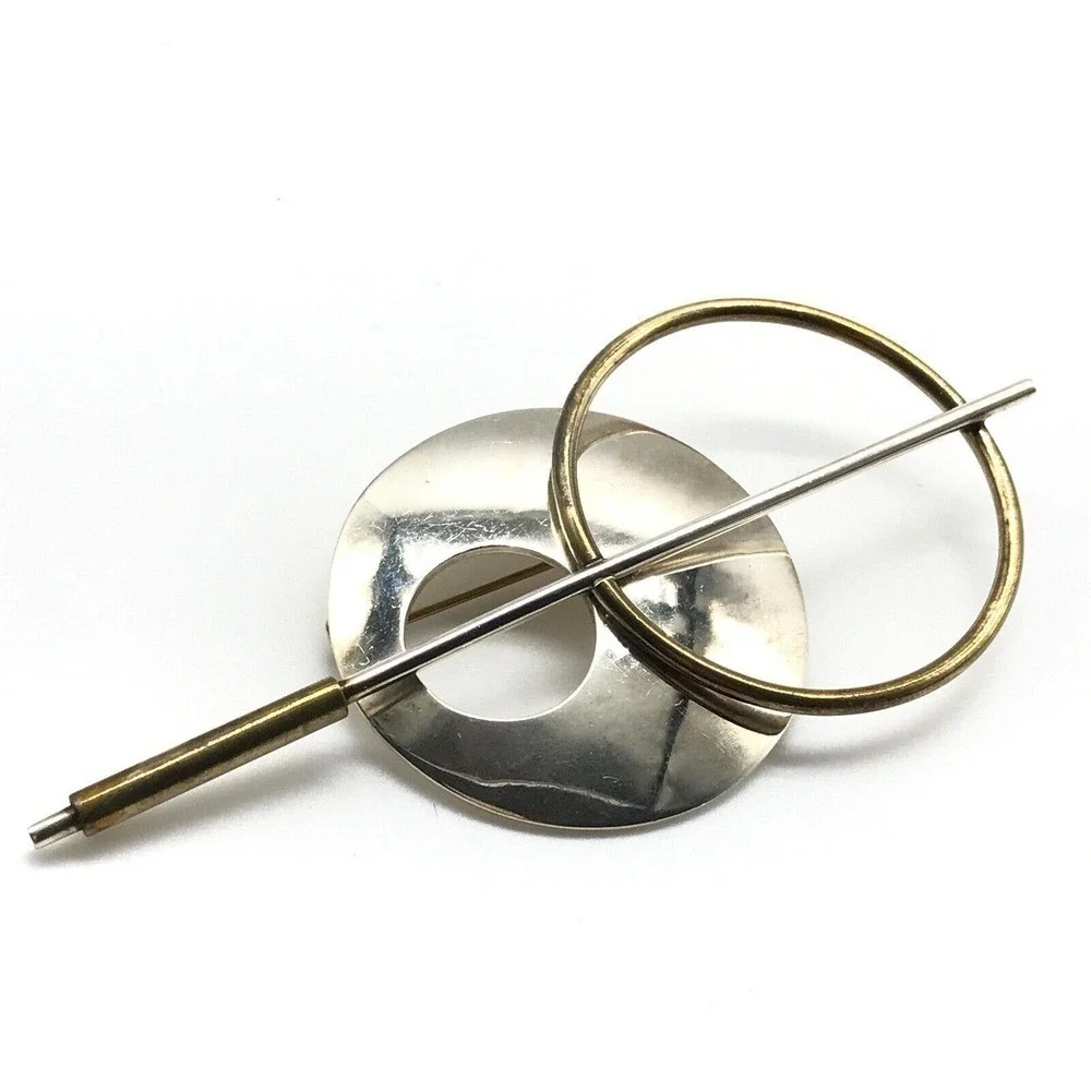 Vintage Taxco Laton 925 Mexico Sterling Silver Large Modernist Two Tone Brooch